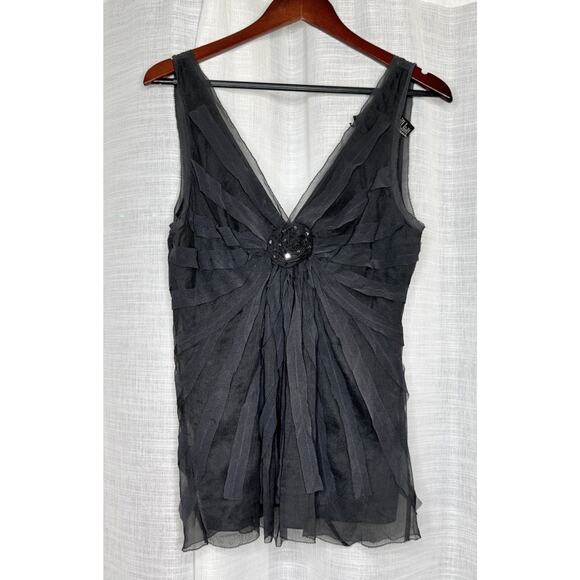 DKNY Silk Sleeveless Layered Shell Top Size 14 Gray Ruffles Sequins Rosette - Picture 1 of 5
